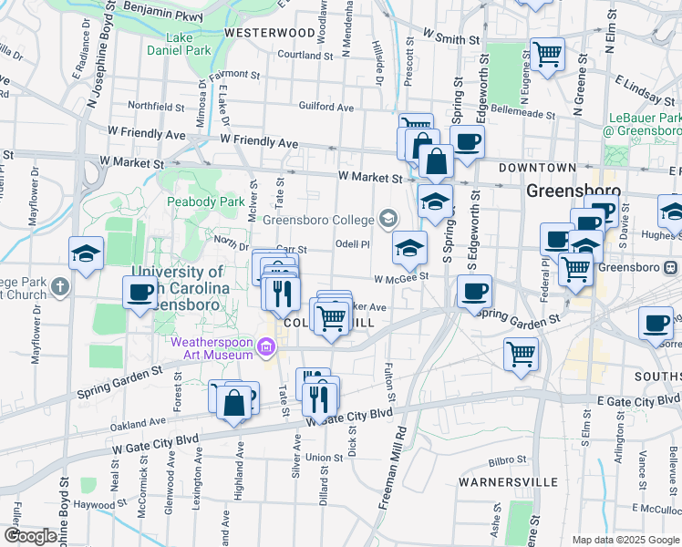 map of restaurants, bars, coffee shops, grocery stores, and more near 404 South Mendenhall Street in Greensboro