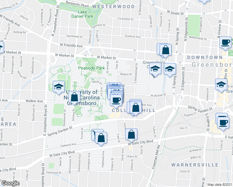 map of restaurants, bars, coffee shops, grocery stores, and more near 324 Tate Street in Greensboro