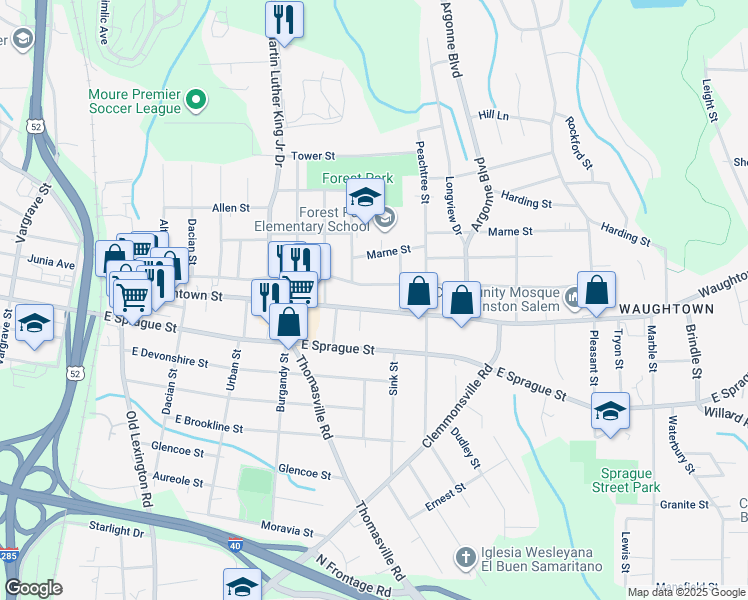 map of restaurants, bars, coffee shops, grocery stores, and more near 1147 Waughtown Street in Winston-Salem