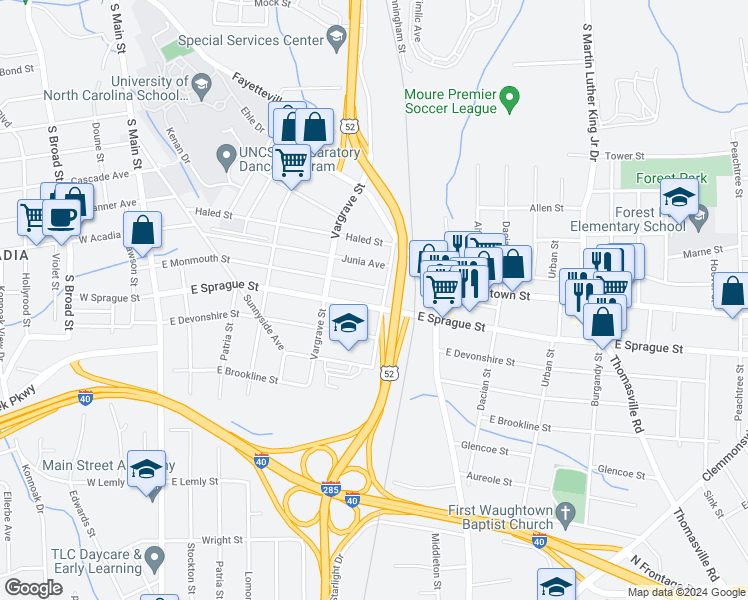 map of restaurants, bars, coffee shops, grocery stores, and more near 445 East Sprague Street in Winston-Salem