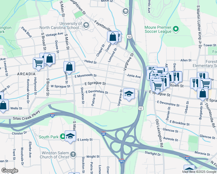 map of restaurants, bars, coffee shops, grocery stores, and more near 317 East Devonshire Street in Winston-Salem