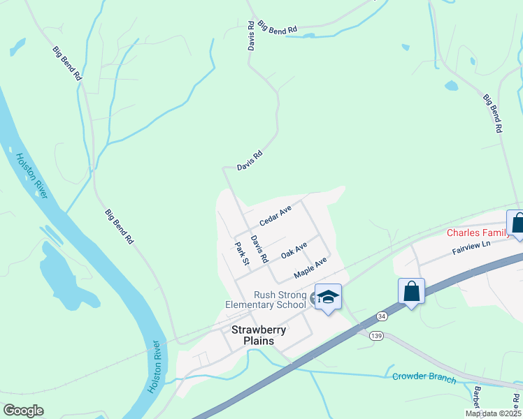 map of restaurants, bars, coffee shops, grocery stores, and more near 262 Davis Road in Strawberry Plains