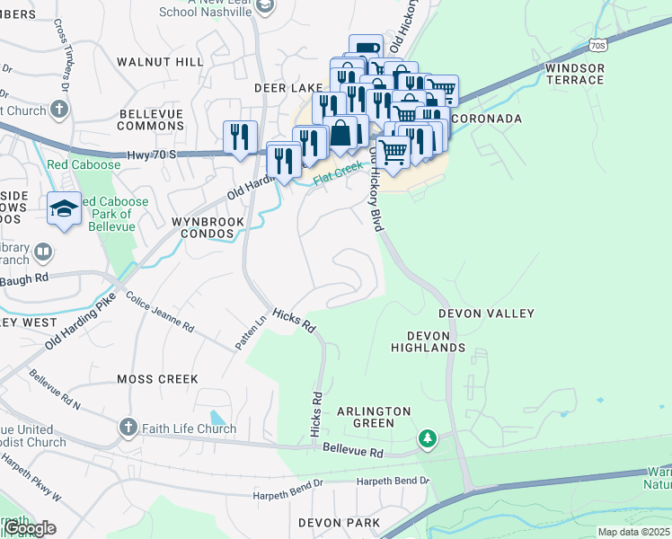 map of restaurants, bars, coffee shops, grocery stores, and more near 184 Hicks Road in Nashville