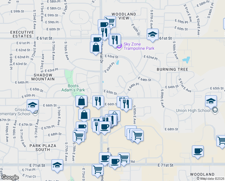 map of restaurants, bars, coffee shops, grocery stores, and more near 8219 East 65th Street in Tulsa