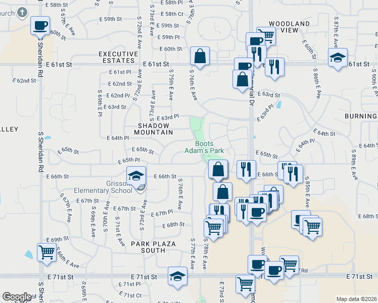 map of restaurants, bars, coffee shops, grocery stores, and more near 7516 East 65th Street in Tulsa
