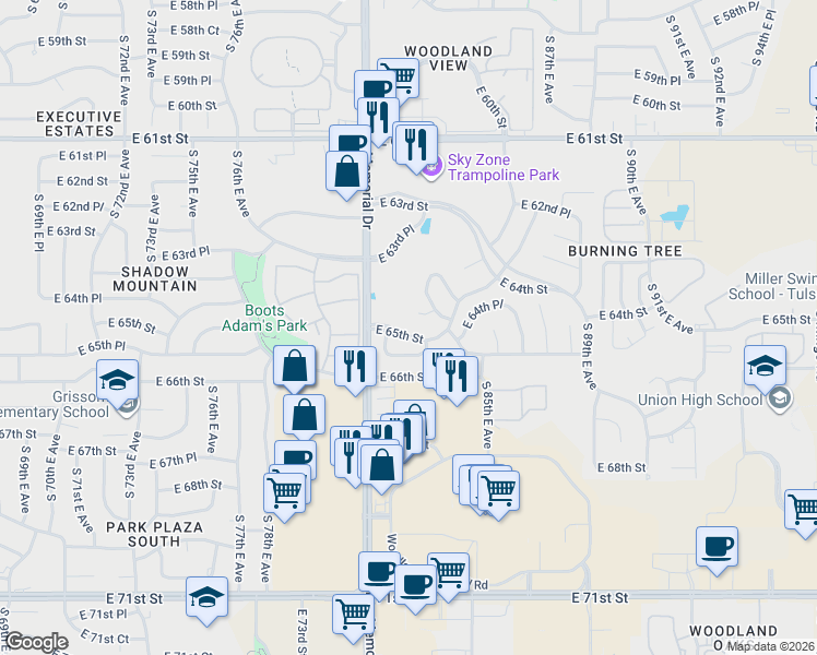 map of restaurants, bars, coffee shops, grocery stores, and more near 8219 East 65th Street in Tulsa