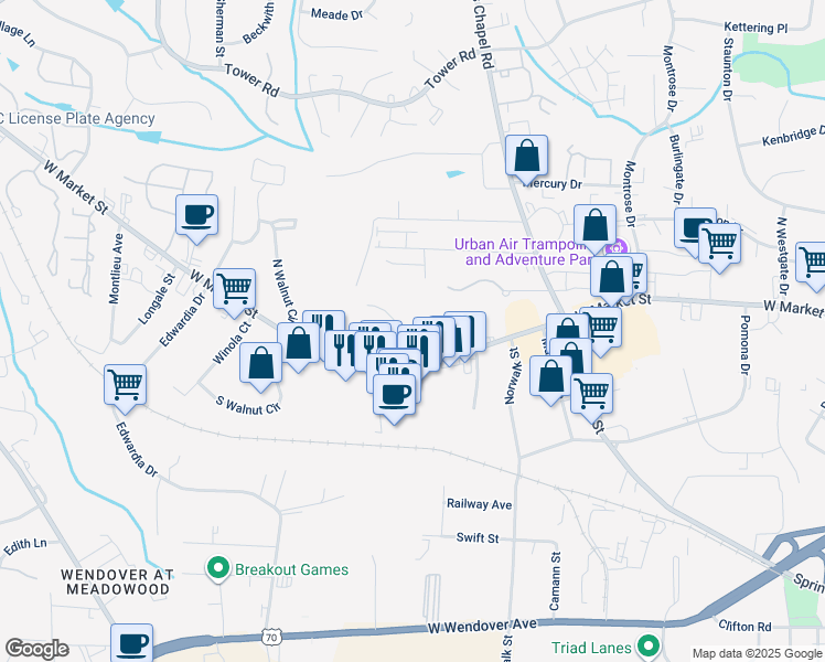 map of restaurants, bars, coffee shops, grocery stores, and more near 100 Thornton Court in Greensboro