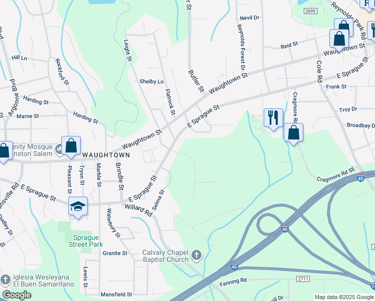 map of restaurants, bars, coffee shops, grocery stores, and more near 2309 Leight Street in Winston-Salem