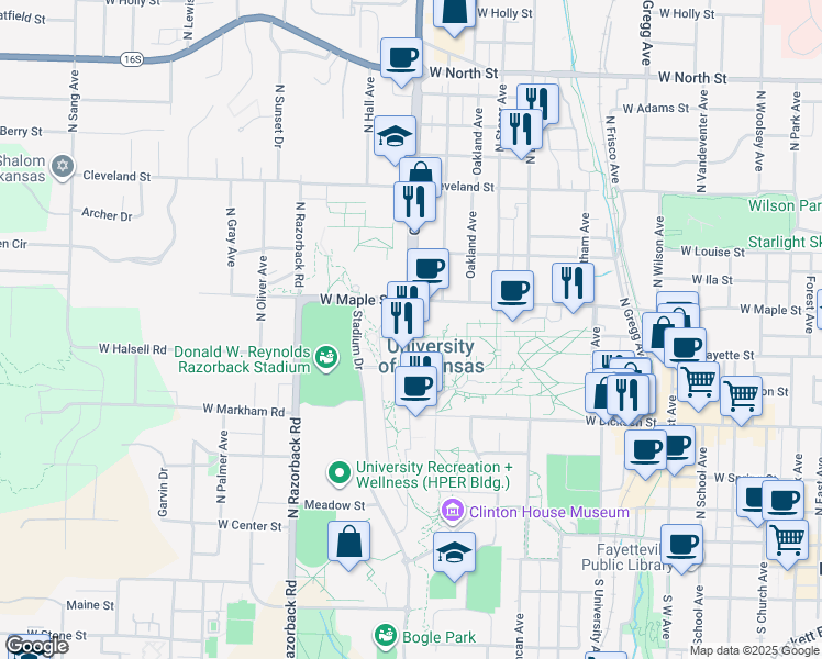 map of restaurants, bars, coffee shops, grocery stores, and more near 1634 Martin Luther King Junior Boulevard in Fayetteville
