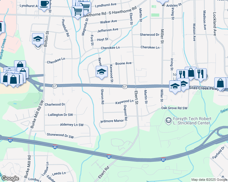 map of restaurants, bars, coffee shops, grocery stores, and more near 2350 Silas Creek Parkway in Winston-Salem