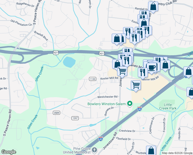 map of restaurants, bars, coffee shops, grocery stores, and more near 4781 Tatton Park Circle in Winston-Salem