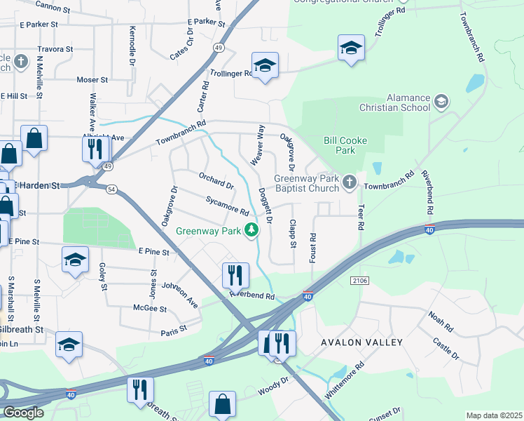 map of restaurants, bars, coffee shops, grocery stores, and more near 812 Sycamore Road in Graham
