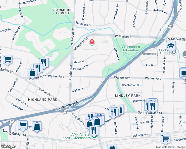 map of restaurants, bars, coffee shops, grocery stores, and more near 3809 Walker Avenue in Greensboro
