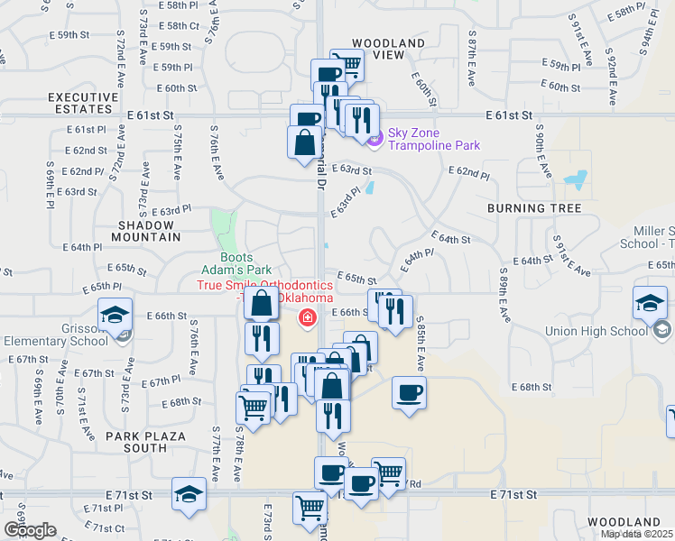 map of restaurants, bars, coffee shops, grocery stores, and more near 6506 South 81st East Place in Tulsa