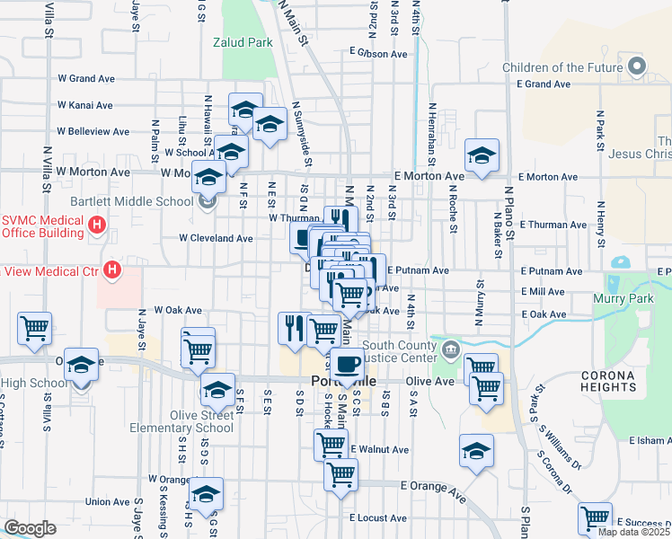 map of restaurants, bars, coffee shops, grocery stores, and more near 15 West Putnam Avenue in Porterville