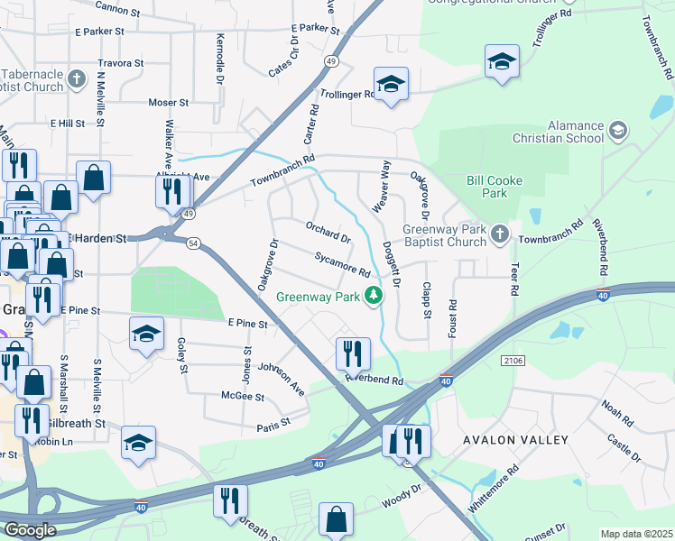 map of restaurants, bars, coffee shops, grocery stores, and more near 719 Sycamore Road in Graham