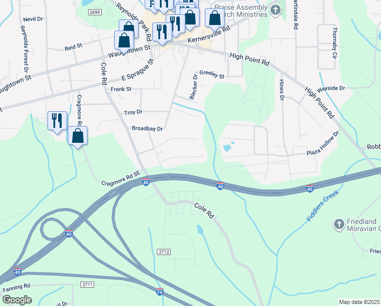 map of restaurants, bars, coffee shops, grocery stores, and more near 2933 Poinsetta Drive in Winston-Salem