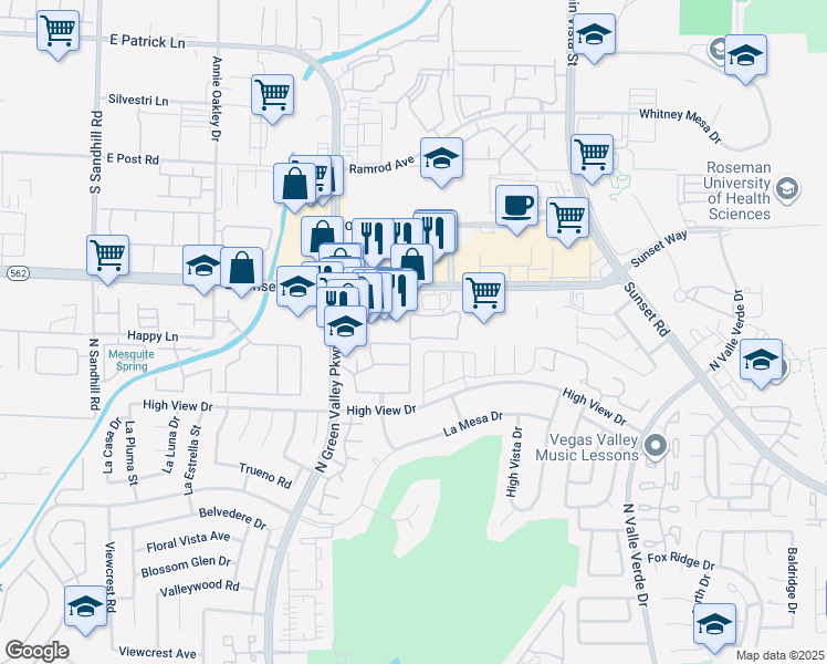 map of restaurants, bars, coffee shops, grocery stores, and more near 4375 East Sunset Road in Henderson