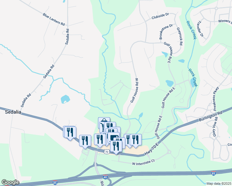 map of restaurants, bars, coffee shops, grocery stores, and more near 822 Creek Crossing Trail in Whitsett