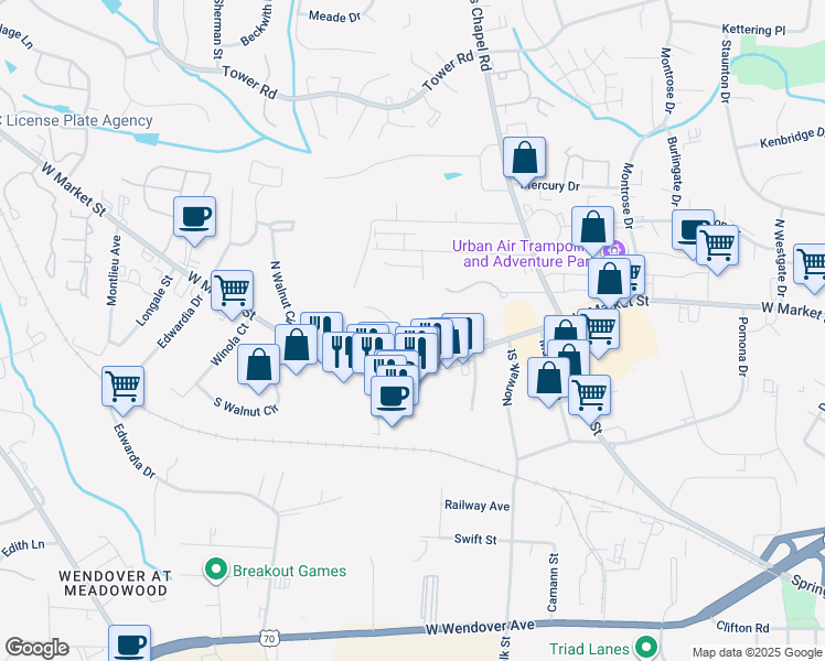 map of restaurants, bars, coffee shops, grocery stores, and more near 100 Thornton Court in Greensboro