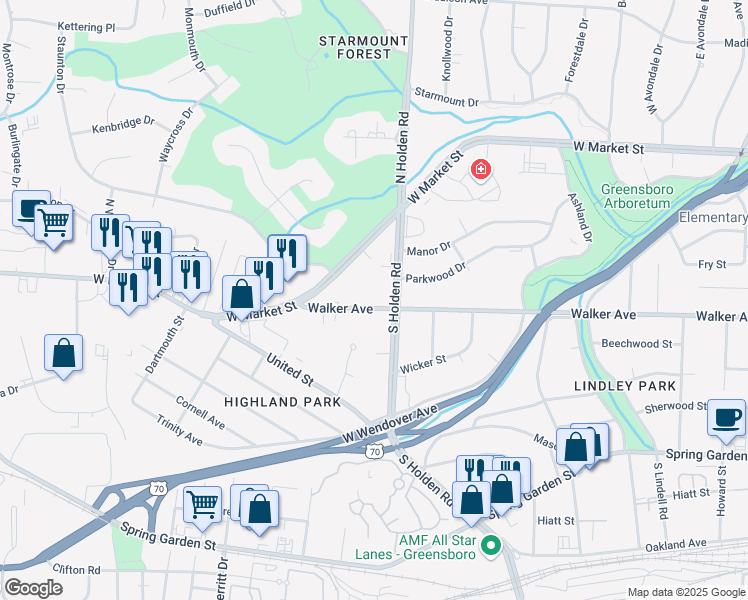 map of restaurants, bars, coffee shops, grocery stores, and more near 4106 Walker Avenue in Greensboro