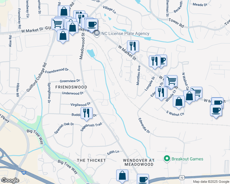 map of restaurants, bars, coffee shops, grocery stores, and more near 30 Brandy Drive in Greensboro
