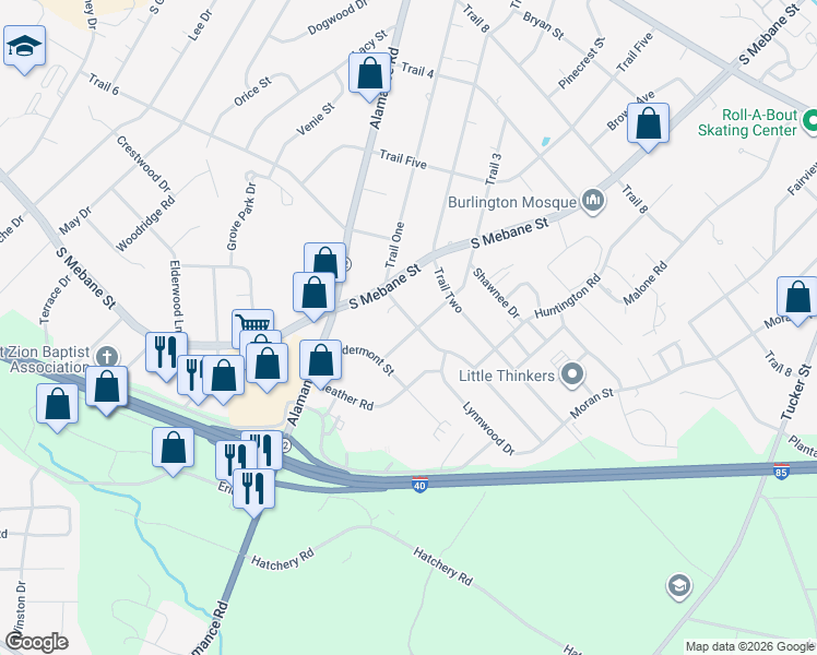 map of restaurants, bars, coffee shops, grocery stores, and more near 522 Trail One in Burlington