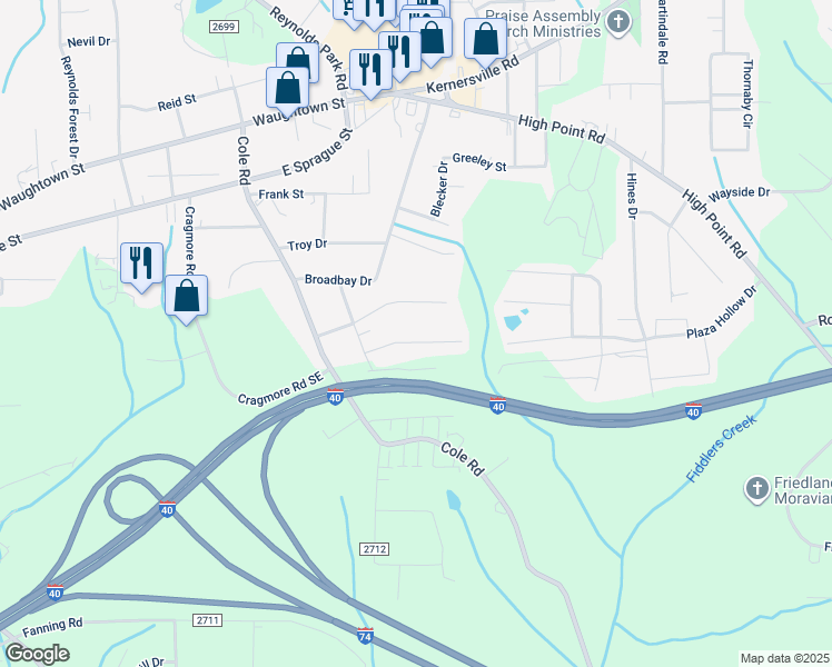 map of restaurants, bars, coffee shops, grocery stores, and more near 2925 Poinsetta Drive in Winston-Salem