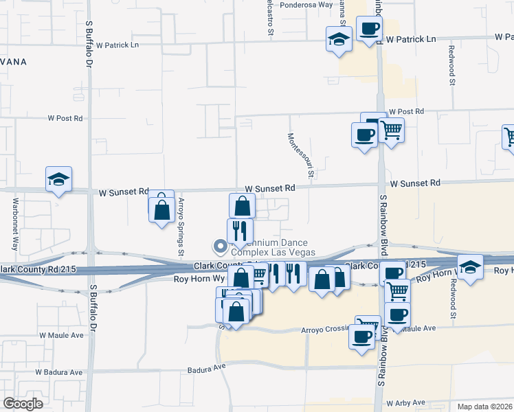 map of restaurants, bars, coffee shops, grocery stores, and more near 7255 West Sunset Road in Las Vegas