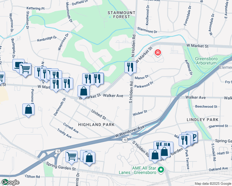 map of restaurants, bars, coffee shops, grocery stores, and more near 4114 Walker Avenue in Greensboro