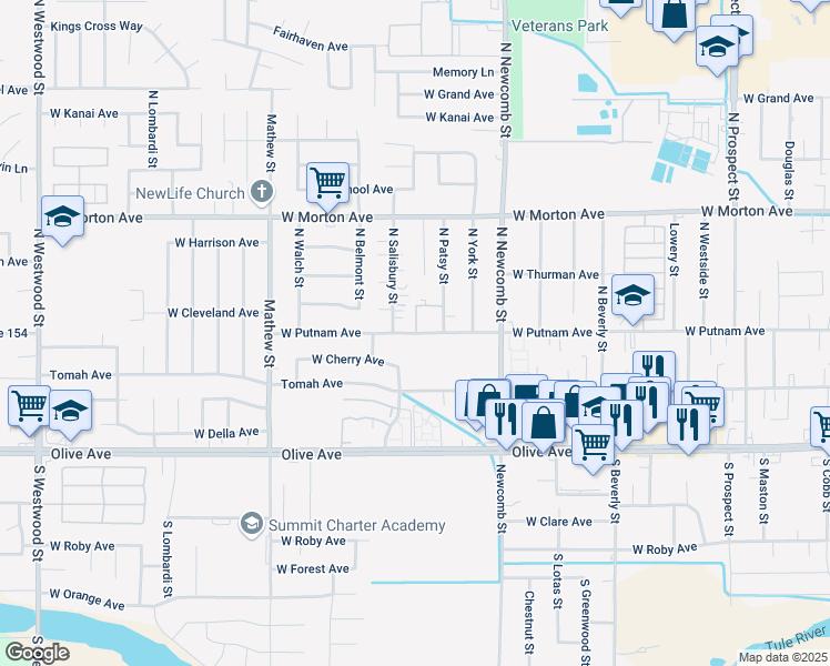 map of restaurants, bars, coffee shops, grocery stores, and more near 1742 West Putnam Avenue in Porterville