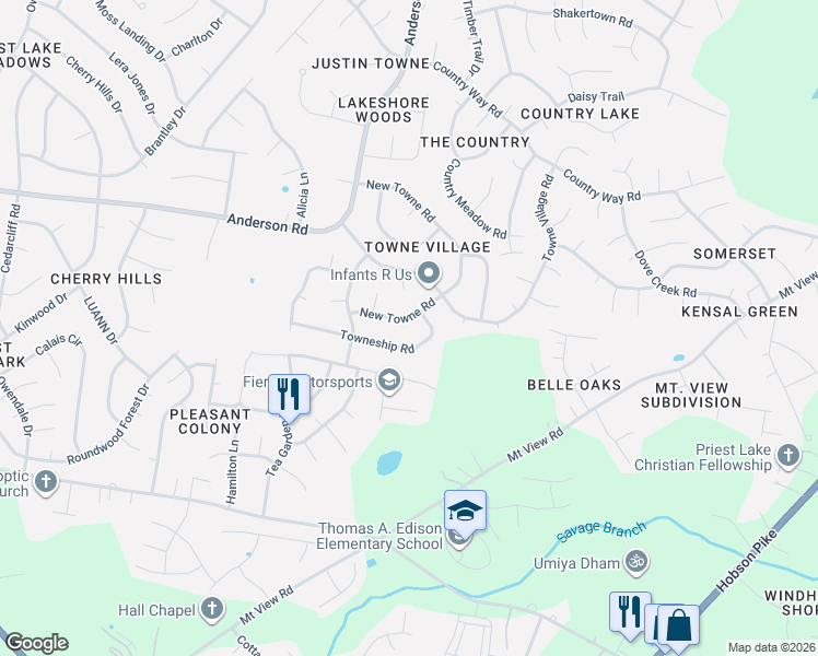 map of restaurants, bars, coffee shops, grocery stores, and more near 3325 Towneship Road in Nashville