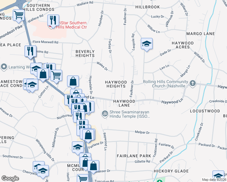 map of restaurants, bars, coffee shops, grocery stores, and more near 360 Haywood Lane in Nashville