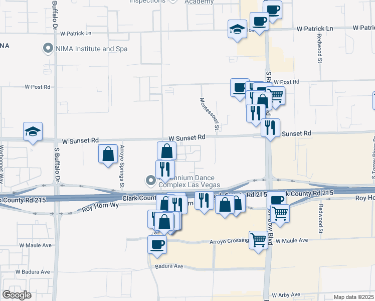 map of restaurants, bars, coffee shops, grocery stores, and more near 7255 West Sunset Road in Las Vegas