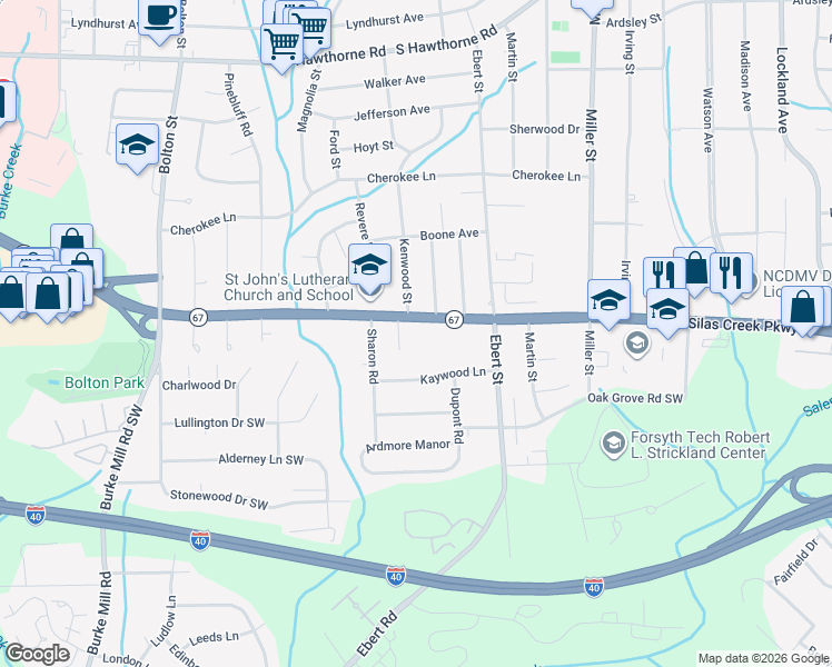 map of restaurants, bars, coffee shops, grocery stores, and more near 2350 Silas Creek Parkway in Winston-Salem