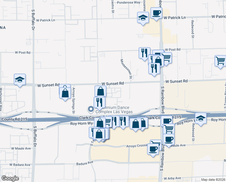 map of restaurants, bars, coffee shops, grocery stores, and more near 7255 West Sunset Road in Las Vegas