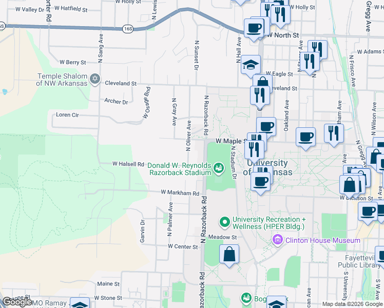 map of restaurants, bars, coffee shops, grocery stores, and more near in Fayetteville