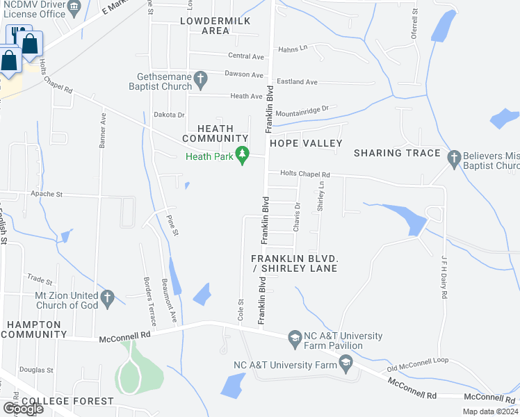 map of restaurants, bars, coffee shops, grocery stores, and more near 622 Franklin Boulevard in Greensboro