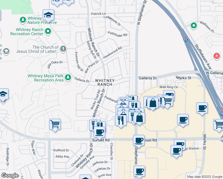 map of restaurants, bars, coffee shops, grocery stores, and more near 761 Butternut Court in Henderson