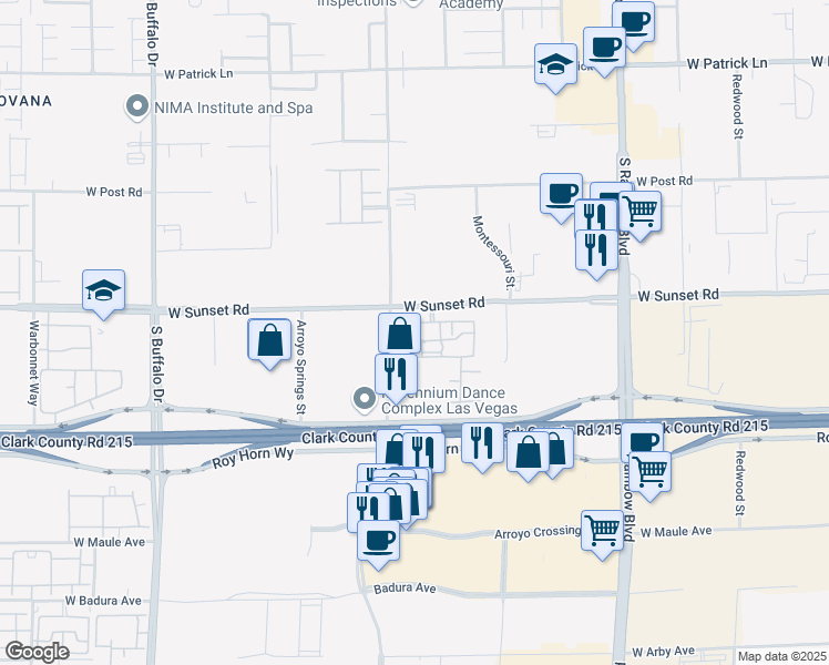 map of restaurants, bars, coffee shops, grocery stores, and more near 7255 West Sunset Road in Las Vegas