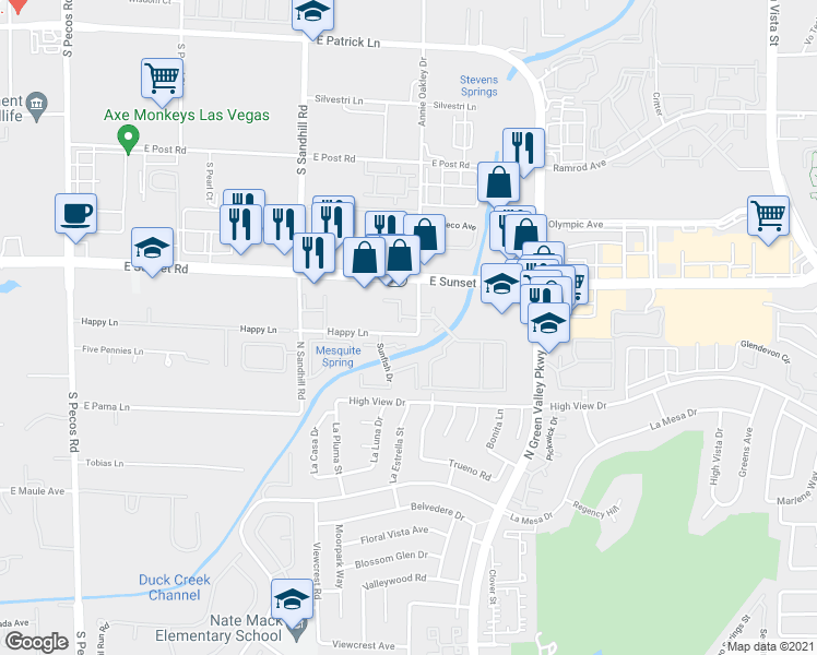 map of restaurants, bars, coffee shops, grocery stores, and more near 211 Bass Drive in Henderson