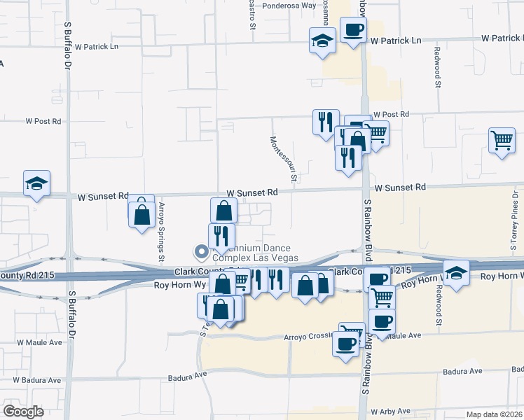 map of restaurants, bars, coffee shops, grocery stores, and more near 7255 West Sunset Road in Las Vegas