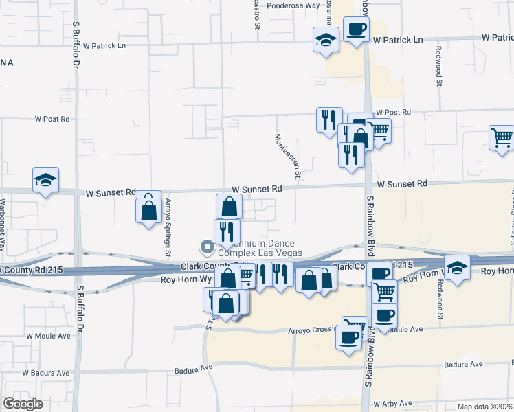 map of restaurants, bars, coffee shops, grocery stores, and more near 7255 West Sunset Road in Las Vegas