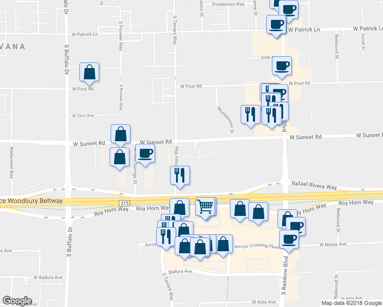 map of restaurants, bars, coffee shops, grocery stores, and more near 7255 West Sunset Road in Las Vegas