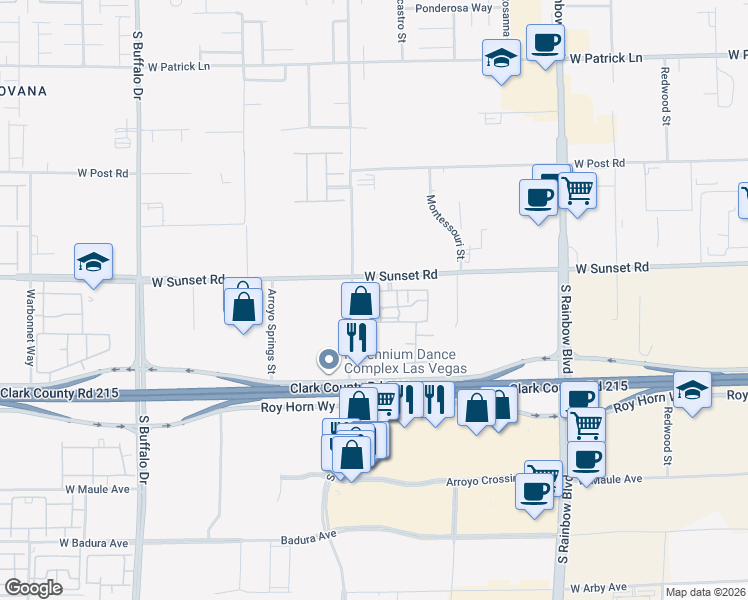 map of restaurants, bars, coffee shops, grocery stores, and more near 7255 West Sunset Road in Las Vegas
