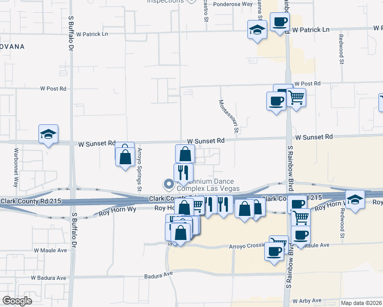 map of restaurants, bars, coffee shops, grocery stores, and more near 7255 West Sunset Road in Las Vegas