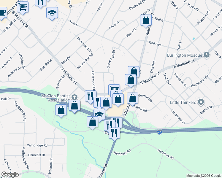 map of restaurants, bars, coffee shops, grocery stores, and more near in Burlington