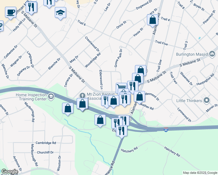 map of restaurants, bars, coffee shops, grocery stores, and more near 2513 Columbine Lane in Burlington
