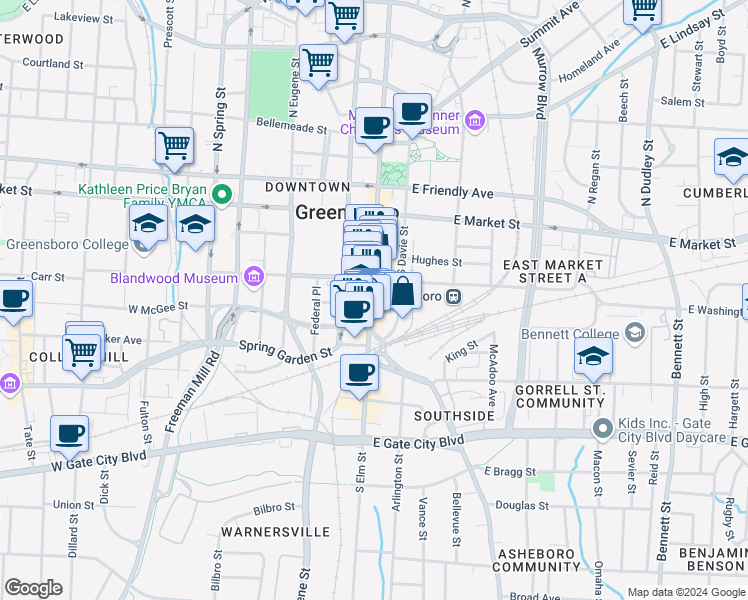 map of restaurants, bars, coffee shops, grocery stores, and more near 332 South Elm Street in Greensboro