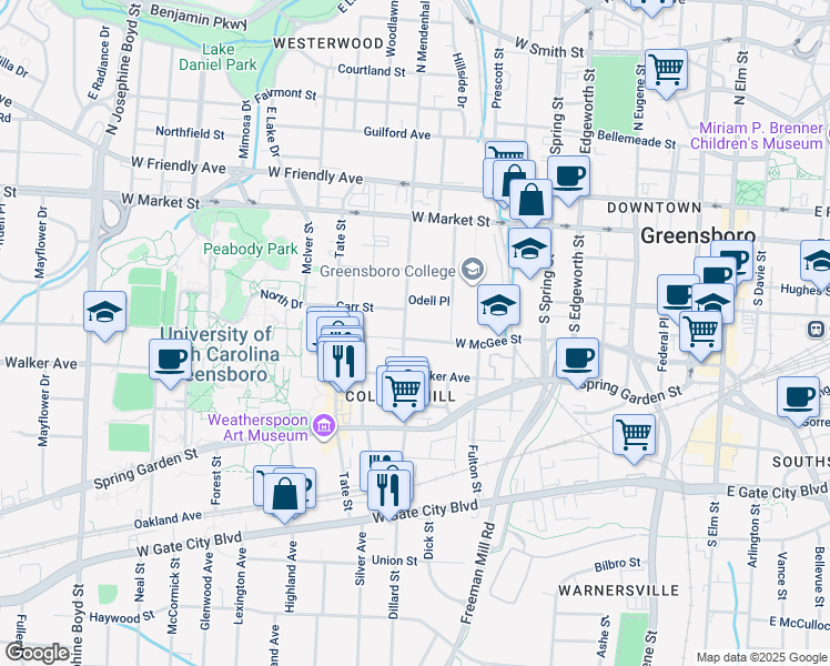 map of restaurants, bars, coffee shops, grocery stores, and more near 404 South Mendenhall Street in Greensboro